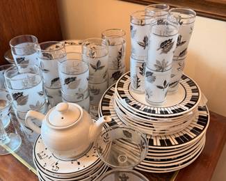 Vintage Libbey Frosted Glassware Set with Silver Leaf Motif and Piano Key Plates