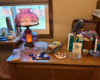 Vintage Purple Glass Gone With The Wind Hurricane Lamp with Hand-Painted Floral Motifs