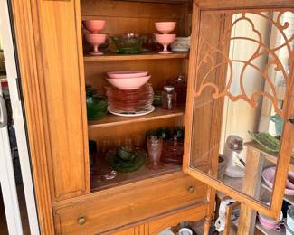 Vintage Oak China Cabinet with Assorted Glassware