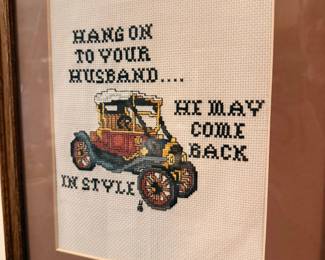 Framed Cross-Stitch "Hang On To Your Husband... He May Come Back In Style"