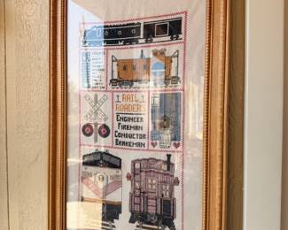Vintage Train Themed Cross-Stitch Art - "Rail Roaders"