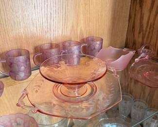 Pink Depression Glass Octagonal Footed Cake Stand with Etched Floral Design