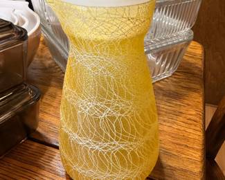 Vintage Spaghetti String Yellow Frosted Glass Carafe with White Webbing