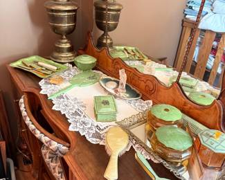 Vintage Art Deco Celluloid Vanity Set with Brass Lamps