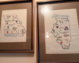 Framed Cross-Stitch State Maps of Missouri and Illinois by Sue Hillis Designs