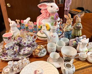 Assorted Ceramic Easter Bunny and Miniature Tea Set Figurines