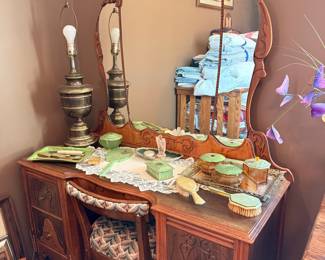 Vintage Art Deco Waterfall Vanity with Mirror and Stool