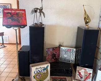 VINTAGE BRASS MUSIC STAND, MCM BRASS SCULPTURES/FIGURINES, RECORDS, SONY STR-DN1030 RECEIVER, ENERGY SPEAKERS