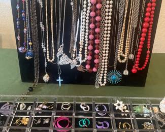 COSTUME JEWELRY, NECKLACES, EARRINGS, PINS, BROACHES