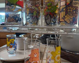 VINTAGE 1980'S PROMOTIONAL DRINKING GLASSES; CARE BEARS & GREAT MUPPET CAPER MCDONALDS GLASSES
