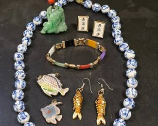 OrientalStyle Jewelry Lot Enamel Fish, Carved Figures Beaded Pieces