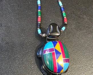 Native American Turtle Pendant Necklace Multicolor Inlay