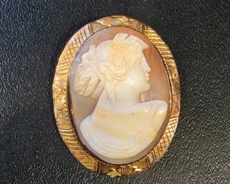 Vintage Carved Shell Cameo Brooch with Ornate Frame