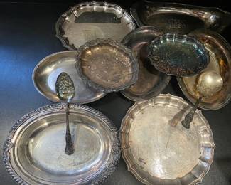 Silverplate Trays Serving Spoons Mixed Lot