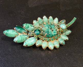 Juliana Green Rhinestone Leaf Brooch