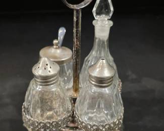 Silverplate Cruet Set with Etched Holder Glass Bottles