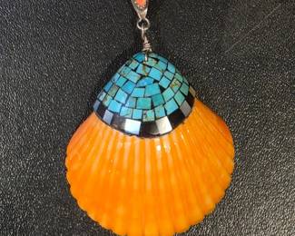 Native American Turquoise Shell Pendant Inlaid Mosaic Design