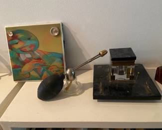 1920s Devilbiss Perfume Atomizer, Art Deco Style Black Marble & Glass Ink Well