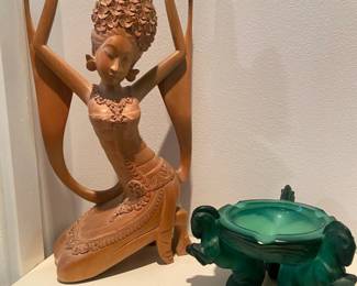Indonesian Wood-Carved Balinese Dancer Sculpture, Art Deco Malachite Glass Rearing Horse Ashtray