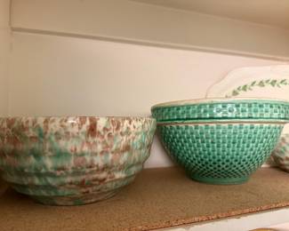 Earth Tone Speckled Pottery Bowls, Green Glazed Checkerboard Yellowware Kitchen Mixing Bowl