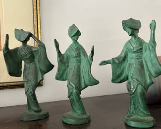Set of 3 Green Patina Japanese Geisha Figurines