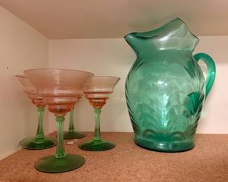 Pink & Green Depression/Uranium Glass Martini Glasses, Translucent Green Glass Pitcher
