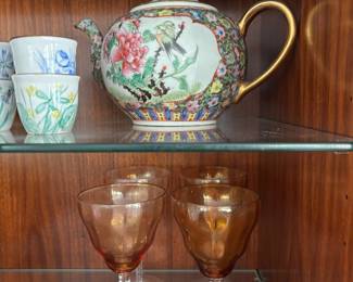 Chinese Famille Rose Style Teapot, Set of 4 Amber Optic Wine Goblets