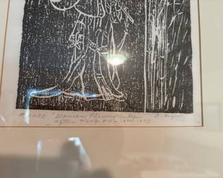 Framed & Matted "Woman Playing the Pipe" Woodcut Print after Tang-Yin - Signed by Artist