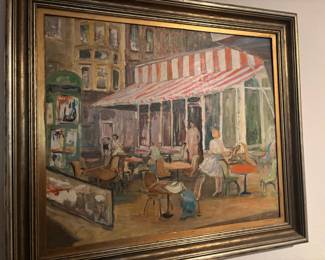 Framed Impressionist Parisian Cafe Scene Painting - Signed E.C.