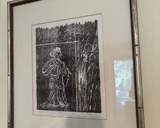 Framed & Matted "Woman Playing the Pipe" Woodcut Print after Tang-Yin - Signed by Artist