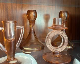 Fostoria Rose Pink Lifesaver Candle Holder, Pair of Fostoria "Saint Alexis Amber" Glass Candlestick Holders