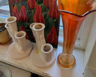 Marigold Carnival Glass Swung Vase, Pair of Roseville Moderne 3-Arm Candlestick Holder