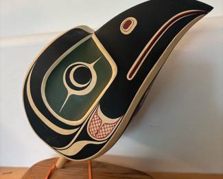 Hand-Carved & Painted Raven Maskette on Stand