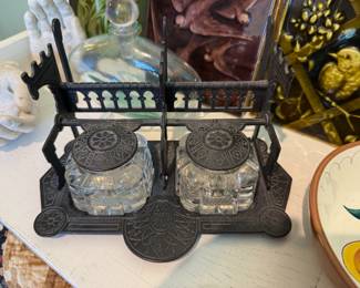 Victorian Cast Iron & Glass Double Inkwell