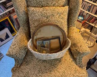 Green & Beige Leaf Pattern Upholstered Wingback Chair