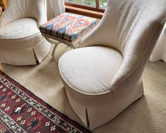 Pair of White Floral Upholstery Skirted Slipper Chairs