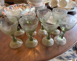 Green Etched Wine Goblets - Attributed to Kosta Sweden