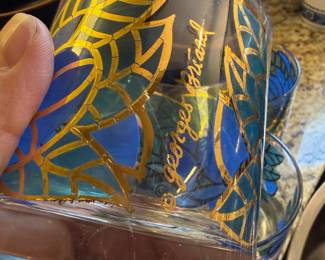 Set of 5 MCM Georges Briard Signed Blue 22k Gold Lotus Design Low Ball Glasses