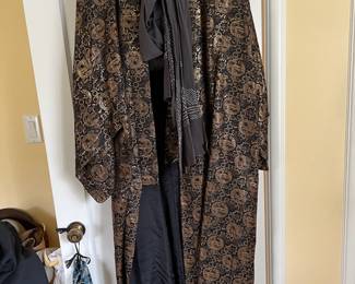 Kimono-Style Black Long Coat with Golden Dragon Design