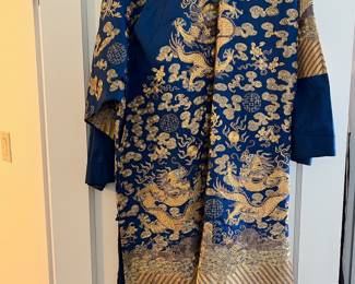 Chinese Blue & Gold Silk Robe 