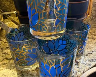 Set of 5 MCM Georges Briard Signed Blue 22k Gold Lotus Design Low Ball Glasses