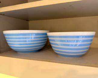 Pair of Pyrex Blue Strip Mixing Bowls