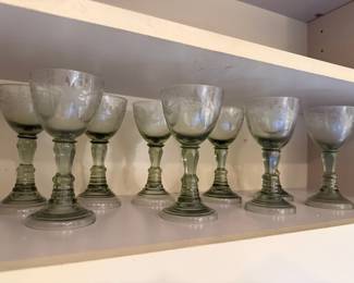 Green Etched Wine Goblets - Attributed to Kosta Sweden
