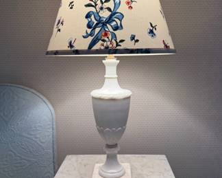 Neoclassical Style White Alabaster Table Lamp with Leaf Relief