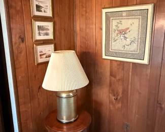 Side table, lamp, pictures 