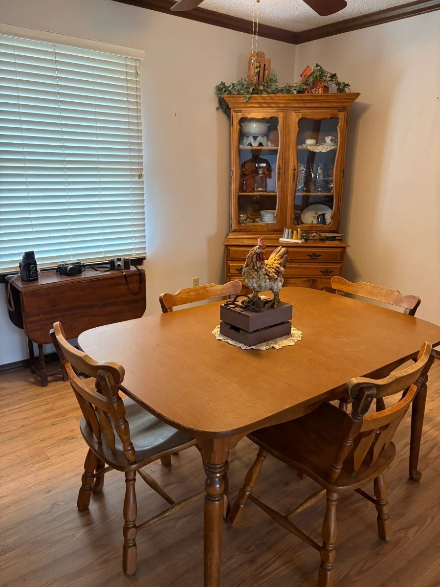 dining table with chairs, drop leaf table, small china cabinet