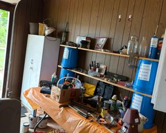 hardware, hand tools power tools, extension cords, crock, vintage jars