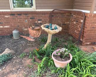 yard art, bird bath, flower pots
