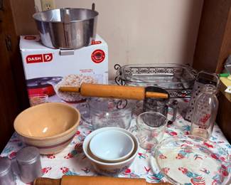 Pyrex bowls, crock bowl, popcorn popper, rolling ons
