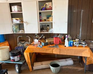 tools, milk bottles, ice melt, paint supplies, hand tools